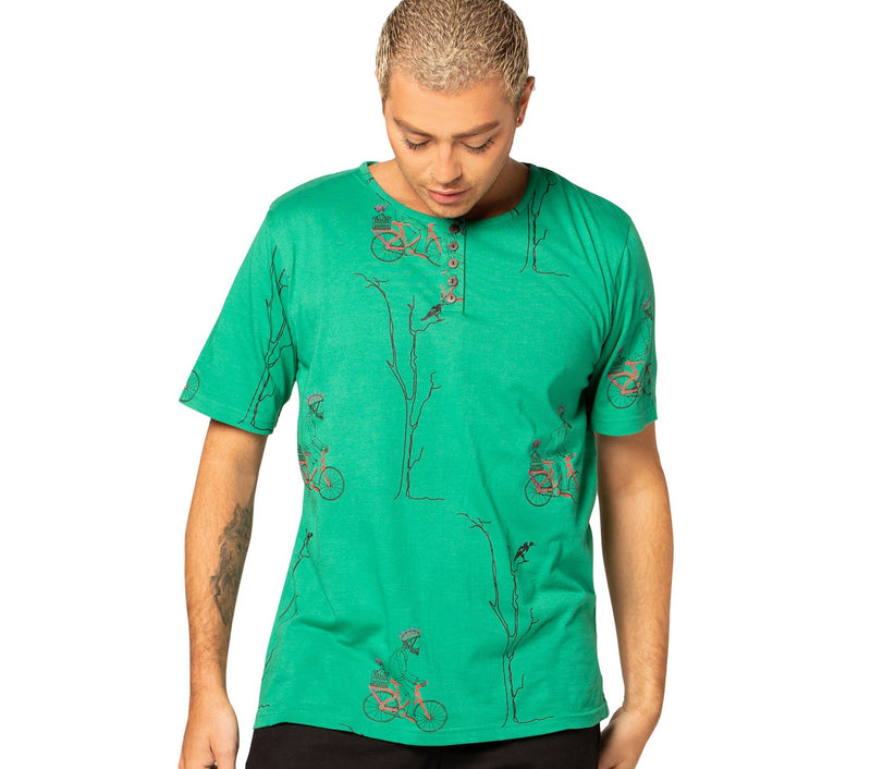 Mens Printed Bamboo T-shirt Henley Collar - Sale