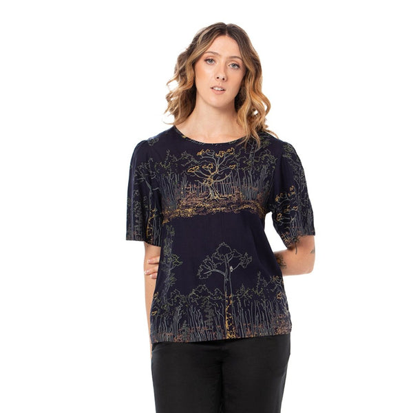 Woven Bamboo Bell Sleeve top - Short Sleeve - printed