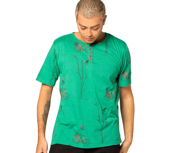 Mens Printed Bamboo T-shirt Henley Collar - Sale