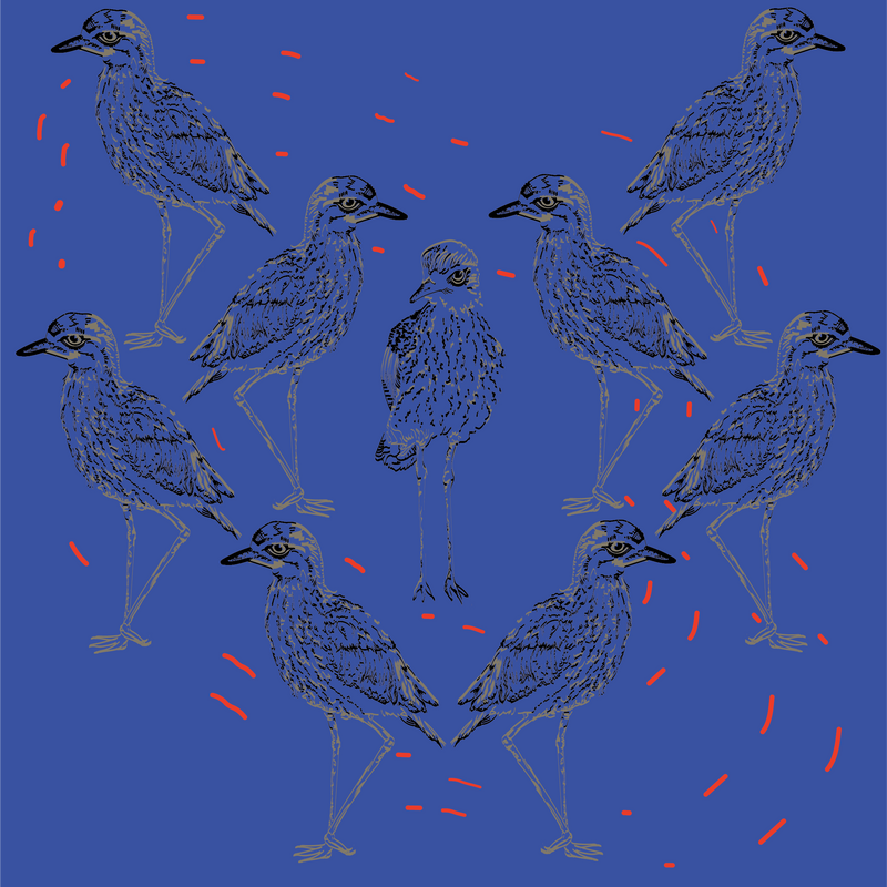 Pattern of curlew birds with red dots on a blue background